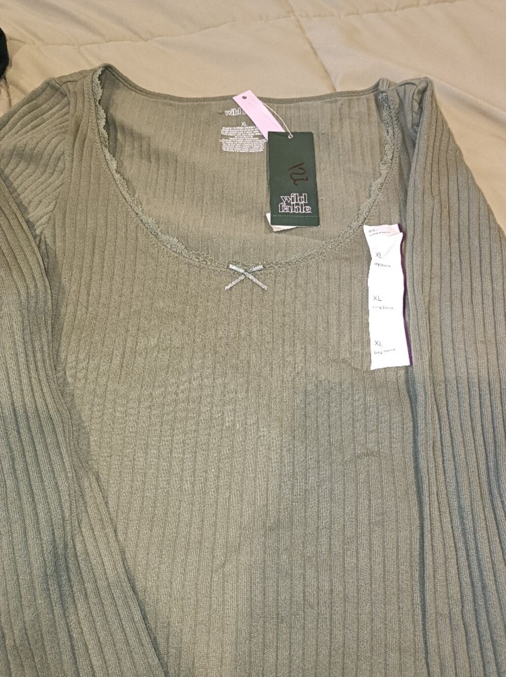 wild fable Olive Green Ribbed Scoop Neck Top with Front Bow